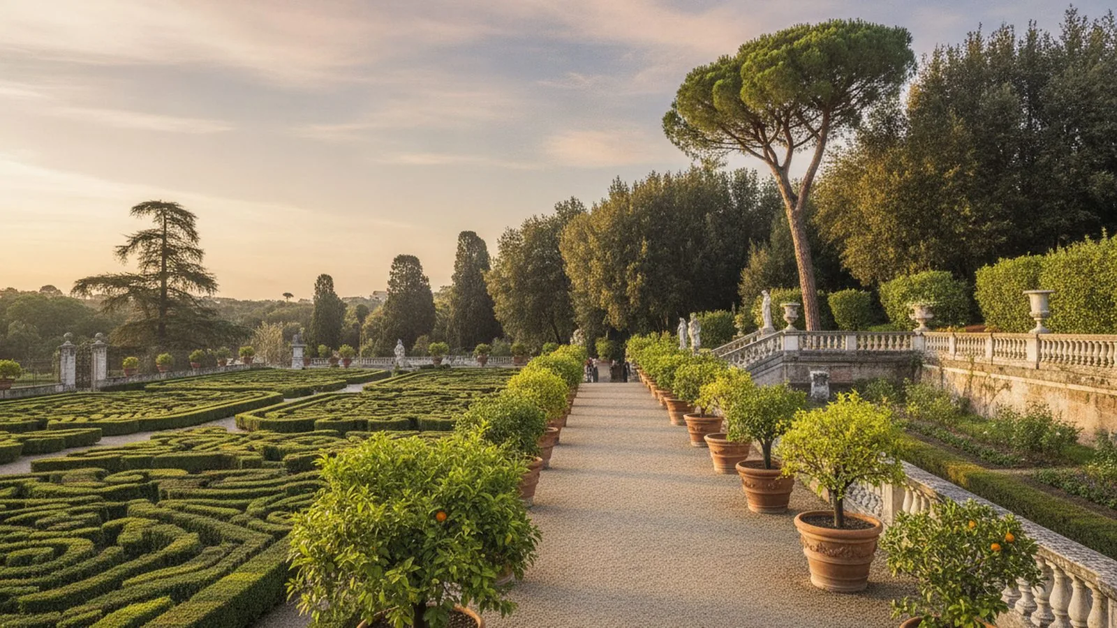 Il giardino all'italiana di Villa Doria Pamphilj con siepi disegnate, vasi e pini